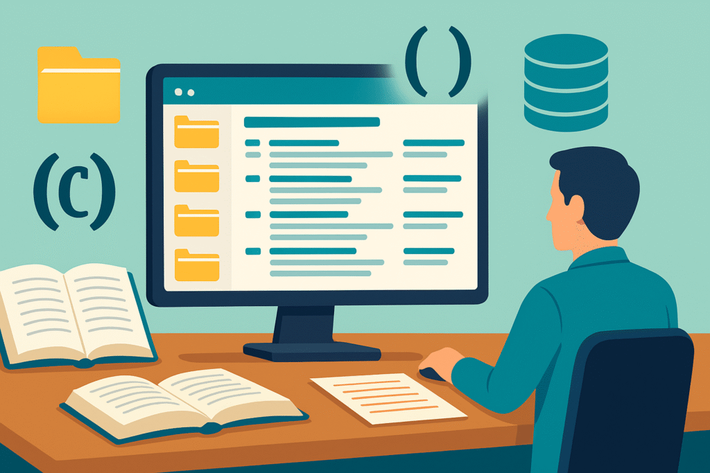 Researcher using reference management software on a computer, surrounded by open books and folders, organizing citations and references for academic research.