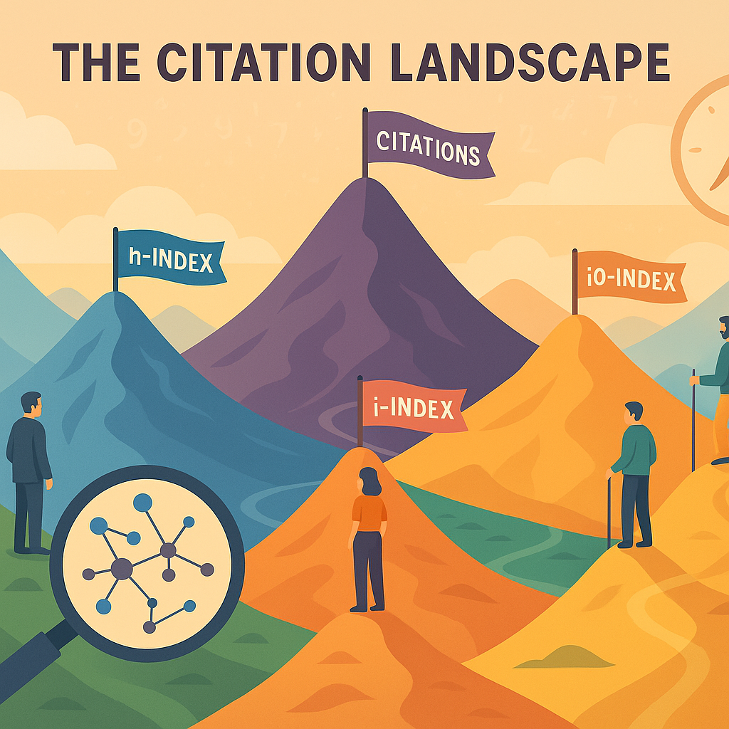 Digital illustration of metaphorical mountains representing citation metrics like h-index, i10-index, and citation counts, with academic figures climbing colored peaks, a magnifying glass highlighting citation networks, and a compass in the sky.