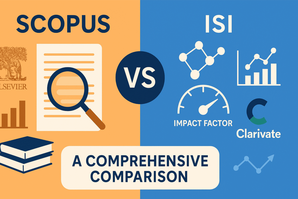 A split infographic comparing Scopus and ISI (Web of Science), with Scopus on an orange background featuring icons for Elsevier, books, and citation analysis, and ISI on a blue background featuring icons for Clarivate, impact factor, and metrics. The center has a "VS" symbol, and below, a banner reads "A Comprehensive Comparison."