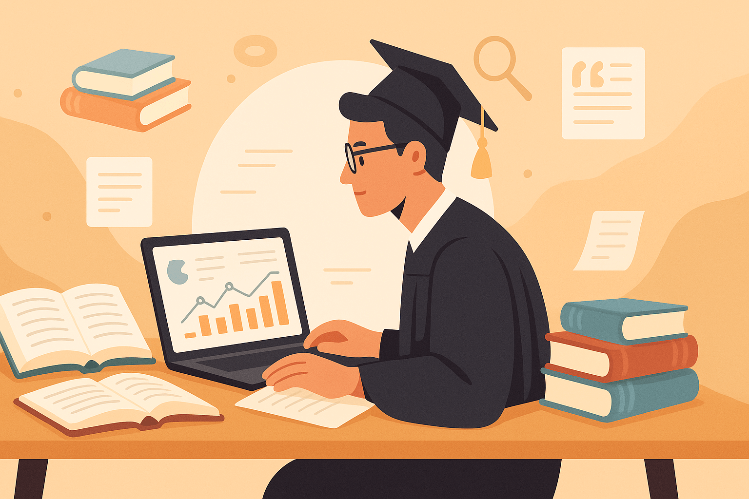 A graduate student wearing a cap and gown is sitting at a desk, working on a laptop with a chart displayed on the screen. The desk is filled with open books and stacked textbooks. The background contains floating icons and documents, symbolizing research and study.